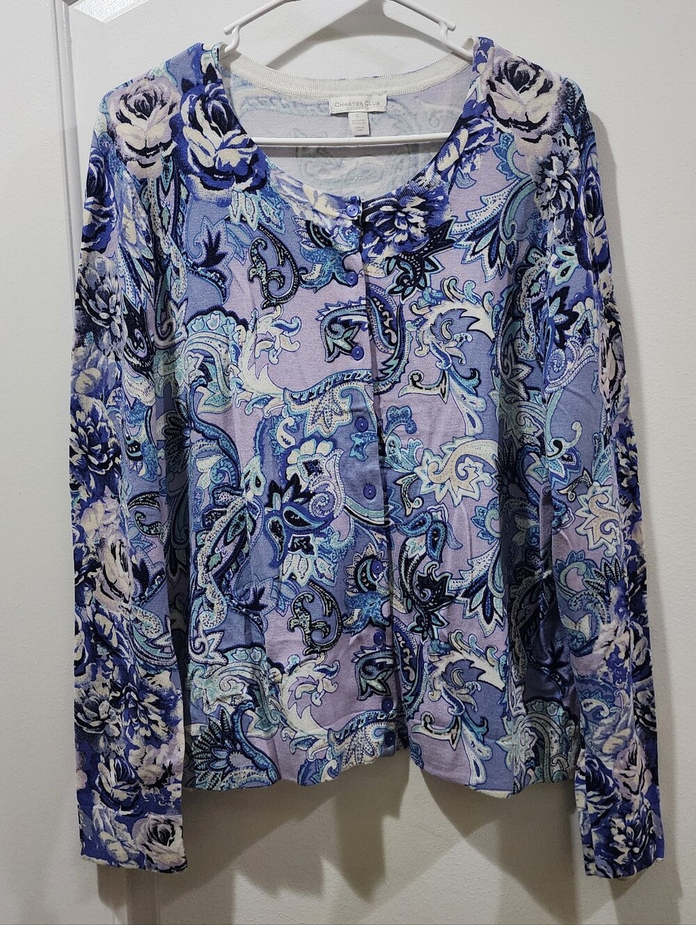 Charter Club Women's Purple Paisley Long Sleeve Button Down Cardigan Large L